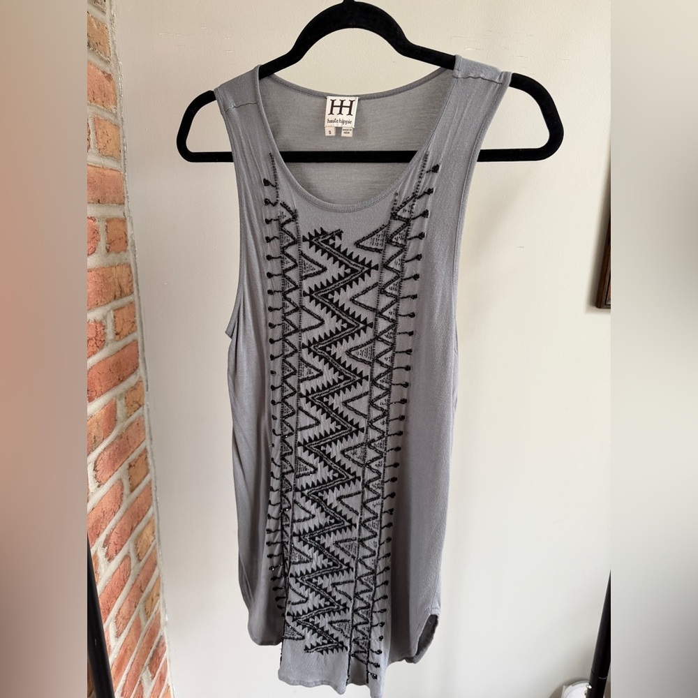 Haute Hippie Bohemian Gray Sleeveless Tunic with Black Beaded Embroidery